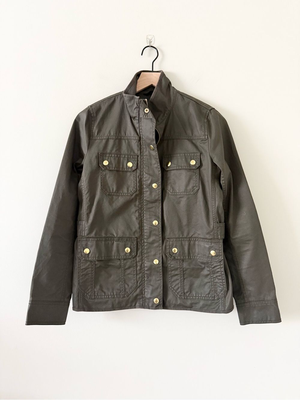 J. Crew Classic Olive Coated Cotton Utility Jacket with Gold Hardware Size XS